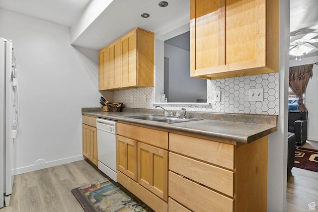 4160 S Oak Meadows Dr W Unit 11, Taylorsville, UT 84123 - kitchen with white appliances, a sink, light wood-style floors, light brown cabinetry, and tasteful backsplash