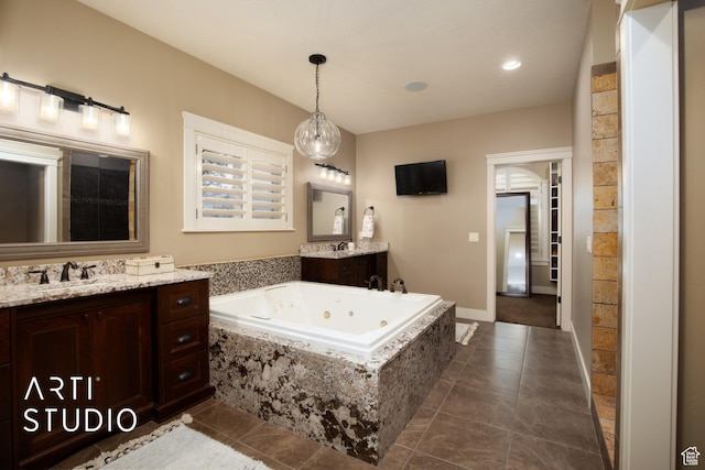 1663 N 3500 W, Plain City, UT 84404 - bathroom featuring a whirlpool tub, two vanities, a sink, and tile patterned floors