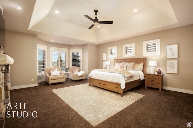 1663 N 3500 W, Plain City, UT 84404 - bedroom featuring a tray ceiling, dark carpet, recessed lighting, and baseboards