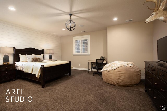 1663 N 3500 W, Plain City, UT 84404 - bedroom featuring recessed lighting, visible vents, dark carpet, wooden walls, and baseboards