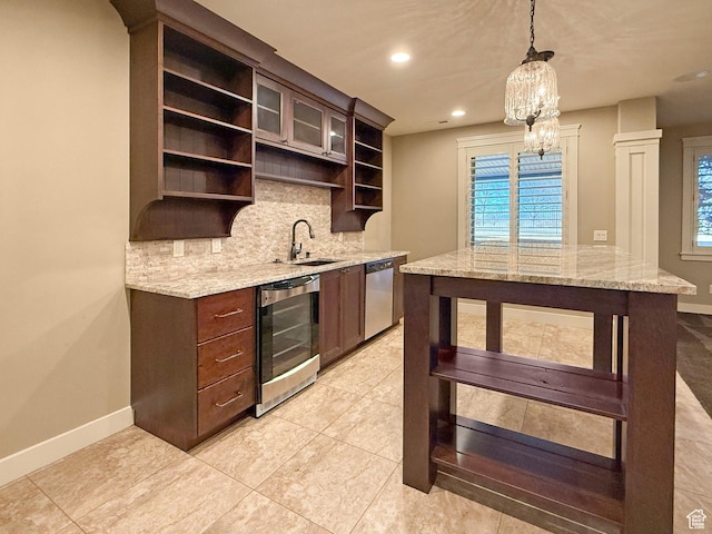 1663 N 3500 W, Plain City, UT 84404 - kitchen featuring tasteful backsplash, dishwasher, wine cooler, open shelves, and a sink