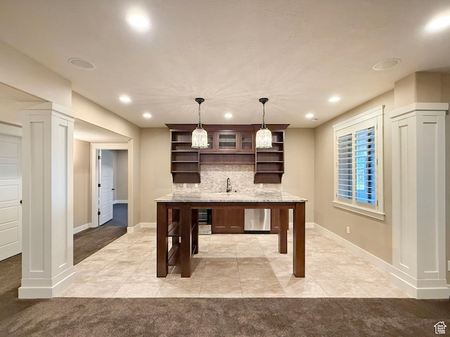 1663 N 3500 W, Plain City, UT 84404 - interior space with tasteful backsplash, pendant lighting, open shelves, and light colored carpet