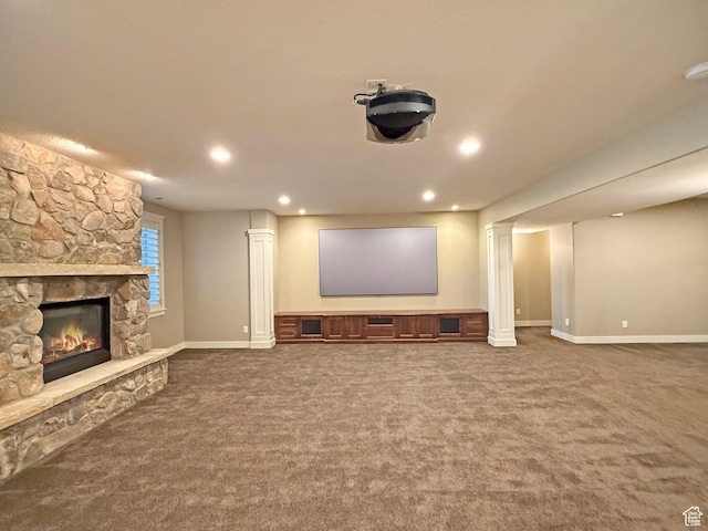 1663 N 3500 W, Plain City, UT 84404 - home theater featuring carpet, a fireplace, baseboards, and recessed lighting