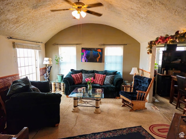 613 Jefferson St, Montpelier, ID 83254 - living area featuring vaulted ceiling, ceiling fan, plenty of natural light, carpet flooring, and a textured ceiling