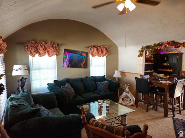 613 Jefferson St, Montpelier, ID 83254 - carpeted living area featuring lofted ceiling, a ceiling fan, and a textured ceiling