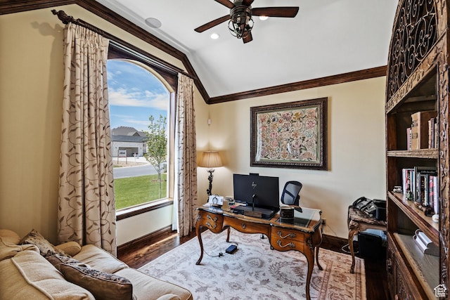 1698 S Amanda Ln E, Saratoga Springs, UT 84045 - home office with crown molding, a ceiling fan, vaulted ceiling, wood finished floors, and baseboards