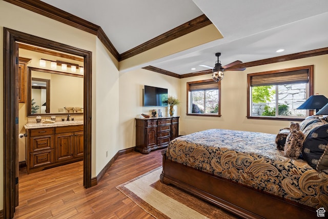 1698 S Amanda Ln E, Saratoga Springs, UT 84045 - bedroom with ensuite bath, crown molding, baseboards, and wood finished floors