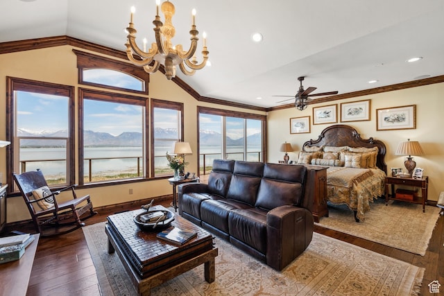 1698 S Amanda Ln E, Saratoga Springs, UT 84045 - bedroom with ornamental molding, lofted ceiling, a mountain view, and hardwood / wood-style flooring