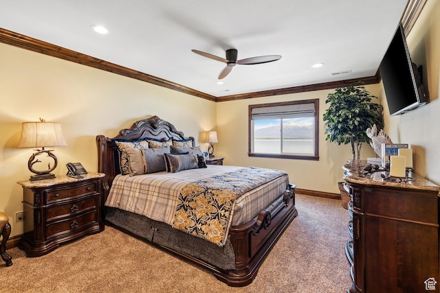 1698 S Amanda Ln E, Saratoga Springs, UT 84045 - carpeted bedroom featuring ornamental molding, recessed lighting, visible vents, and baseboards