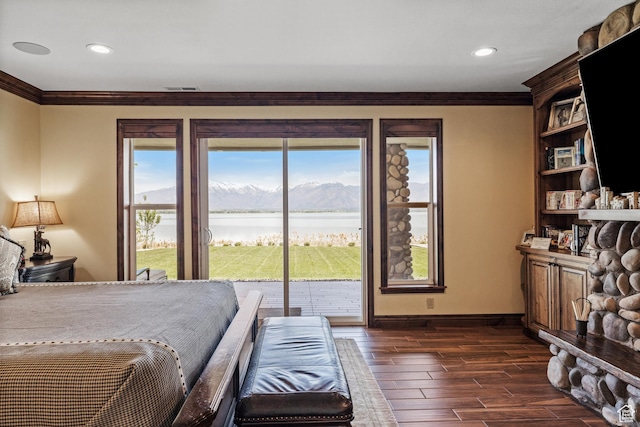 1698 S Amanda Ln E, Saratoga Springs, UT 84045 - bedroom with baseboards, access to outside, ornamental molding, and dark wood-type flooring