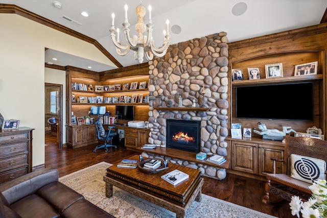 1698 S Amanda Ln E, Saratoga Springs, UT 84045 - living room with crown molding, a notable chandelier, visible vents, dark wood-type flooring, and vaulted ceiling