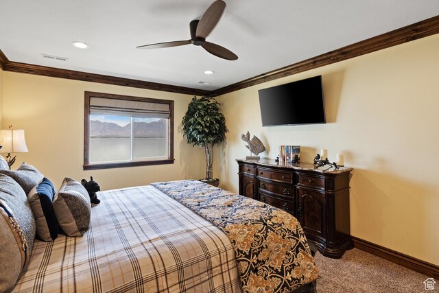 1698 S Amanda Ln E, Saratoga Springs, UT 84045 - carpeted bedroom featuring a ceiling fan, visible vents, crown molding, and baseboards