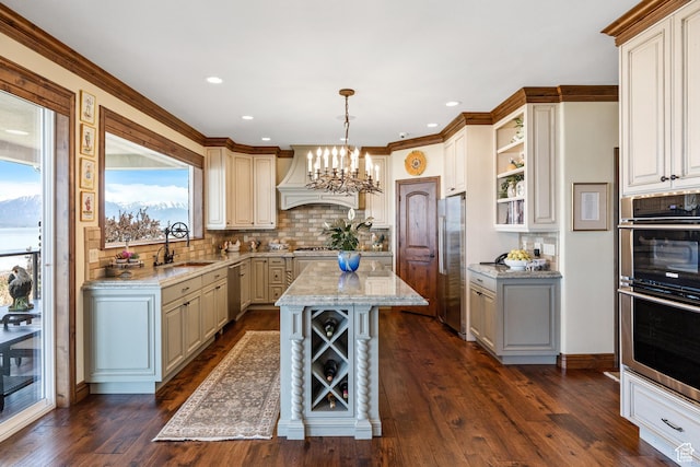 1698 S Amanda Ln E, Saratoga Springs, UT 84045 - kitchen with stainless steel appliances, premium range hood, dark wood-style flooring, decorative backsplash, and open shelves