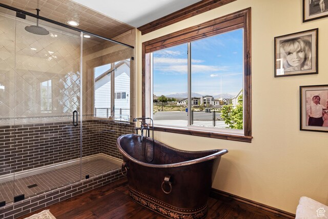 1698 S Amanda Ln E, Saratoga Springs, UT 84045 - bathroom with a soaking tub, a shower stall, baseboards, and wood finished floors