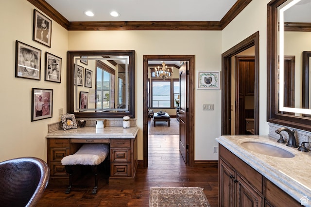 1698 S Amanda Ln E, Saratoga Springs, UT 84045 - bathroom featuring wood-type flooring, crown molding, and vanity