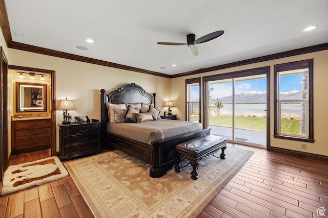 1698 S Amanda Ln E, Saratoga Springs, UT 84045 - bedroom with light wood-style flooring, recessed lighting, a water view, access to exterior, and crown molding