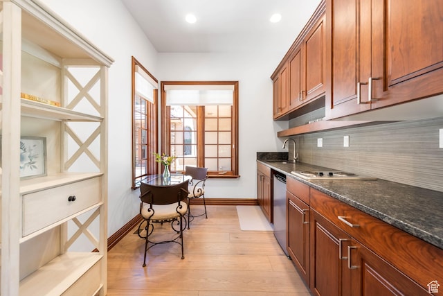 290 E 200 S, Parowan, UT 84761 - kitchen featuring electric cooktop, backsplash, light wood-style flooring, stainless steel dishwasher, and a sink
