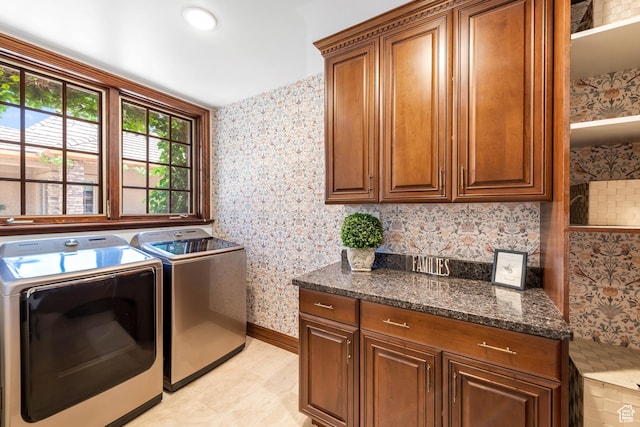 290 E 200 S, Parowan, UT 84761 - washroom with wallpapered walls, baseboards, cabinet space, and washing machine and clothes dryer
