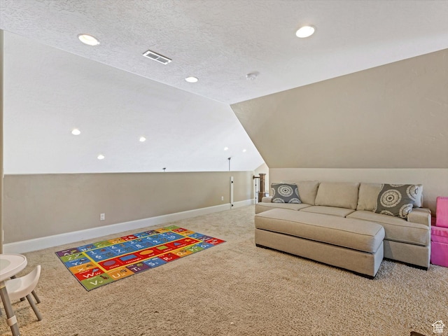 5204 N Eagles View Dr N, Lehi, UT 84043 - playroom with carpet, vaulted ceiling, baseboards, recessed lighting, and a textured ceiling