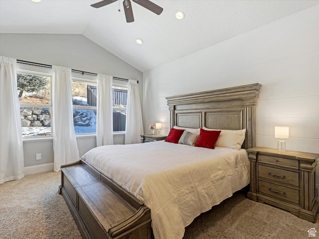 5204 N Eagles View Dr N, Lehi, UT 84043 - bedroom featuring light colored carpet, lofted ceiling, recessed lighting, ceiling fan, and baseboards