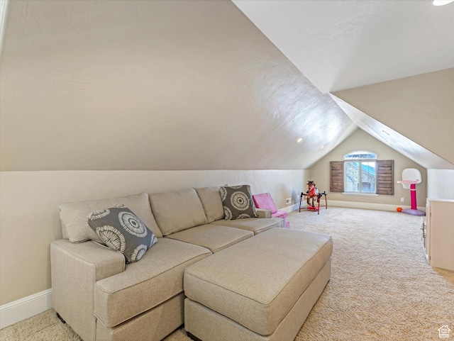 5204 N Eagles View Dr N, Lehi, UT 84043 - living room with baseboards, vaulted ceiling, and light carpet