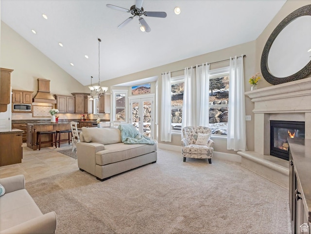 5204 N Eagles View Dr N, Lehi, UT 84043 - living room with ceiling fan, a fireplace, recessed lighting, high vaulted ceiling, and light colored carpet