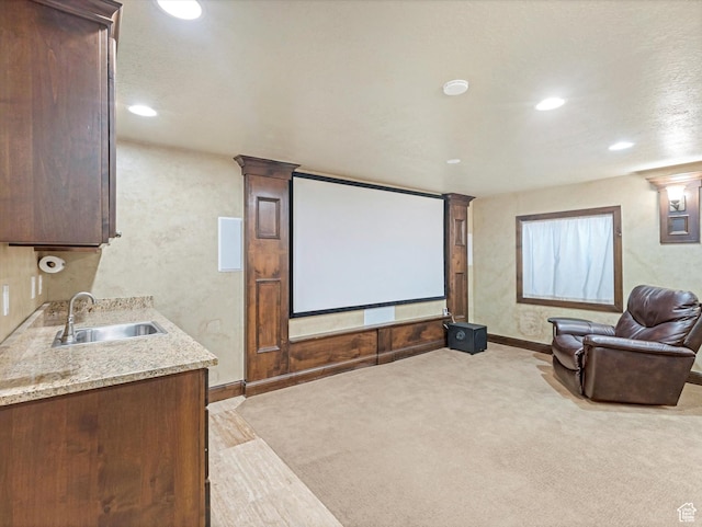 5204 N Eagles View Dr N, Lehi, UT 84043 - home theater featuring a sink, recessed lighting, baseboards, carpet, and decorative columns
