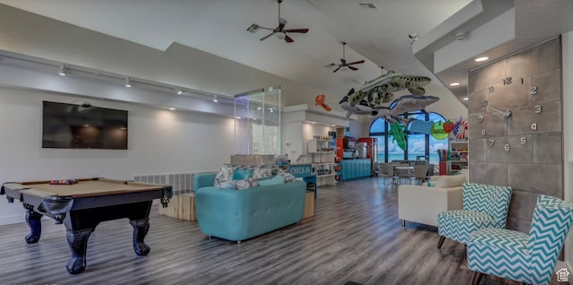 rec room with billiards, visible vents, a ceiling fan, wood finished floors, and high vaulted ceiling