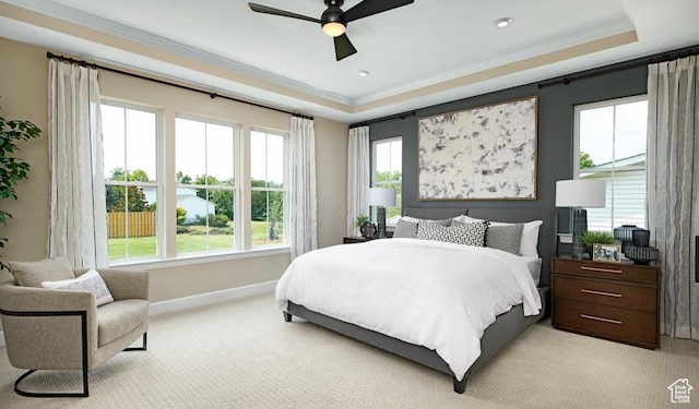 623 S 230 W Unit 3, Ivins, UT 84738 - bedroom with ceiling fan, light carpet, baseboards, a tray ceiling, and crown molding