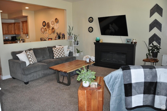 10611 S Oquirrh Lake Rd W, South Jordan, UT 84009 - living area featuring recessed lighting, a glass covered fireplace, and carpet floors