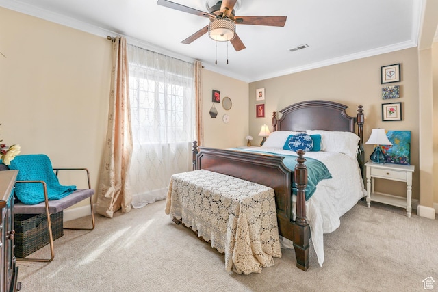 10063 N Poplar Ct, Cedar Hills, UT 84062 - carpeted bedroom featuring baseboards, a ceiling fan, visible vents, and crown molding
