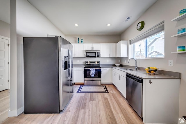 kitchen with white cabinets, appliances with stainless steel finishes, a sink, and light wood-style flooring
