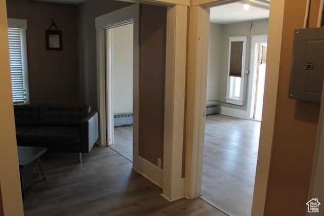 653 E 300 S, Salt Lake City, UT 84102 - hallway with electric panel, baseboard heating, and wood finished floors