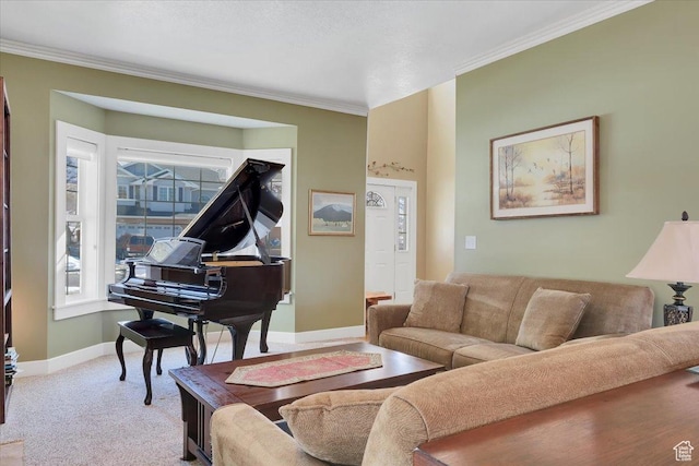 243 Eastridge E, Logan, UT 84321 - living area featuring light carpet, baseboards, and crown molding
