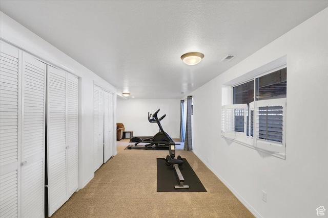 243 Eastridge E, Logan, UT 84321 - exercise room with carpet floors, baseboards, visible vents, and a textured ceiling