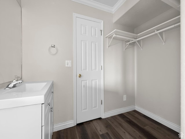 177 S 1050 W Unit 19, Provo, UT 84601 - bathroom with a walk in closet, crown molding, vanity, wood finished floors, and baseboards