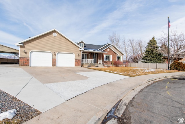 ranch-style house featuring driveway, a garage, covered porch, fence, and brick siding