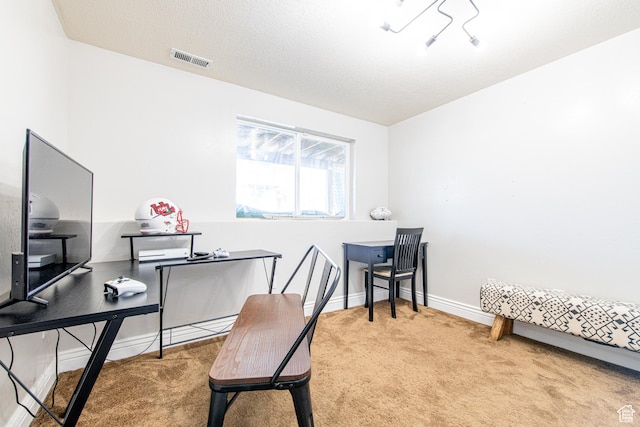 office with a textured ceiling, carpet flooring, visible vents, and baseboards