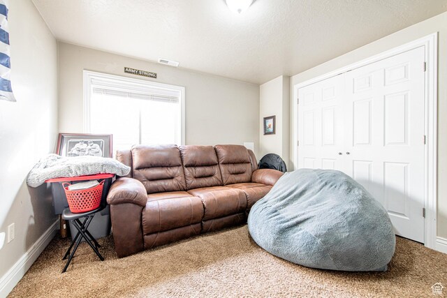 living area with carpet floors, baseboards, visible vents, and a textured ceiling
