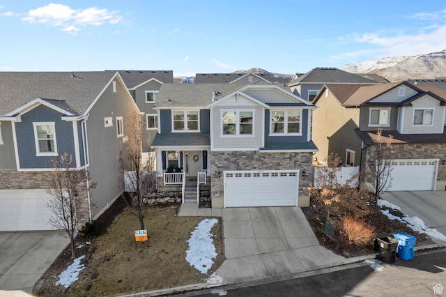 4927 W Yellow Topaz Dr, Herriman, UT 84096 - view of front facade with a porch, an attached garage, a residential view, stone siding, and driveway