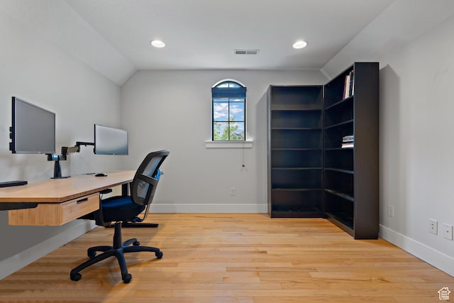 267 E Lucky Star Way, Farmington, UT 84025 - office area featuring baseboards, wood finished floors, recessed lighting, and vaulted ceiling