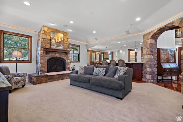 267 E Lucky Star Way, Farmington, UT 84025 - living area with healthy amount of natural light, a fireplace, recessed lighting, decorative columns, and ornamental molding