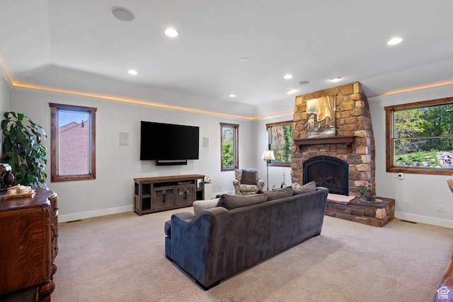 267 E Lucky Star Way, Farmington, UT 84025 - living area featuring baseboards, a stone fireplace, carpet flooring, recessed lighting, and crown molding