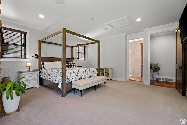 267 E Lucky Star Way, Farmington, UT 84025 - bedroom featuring attic access, ornamental molding, carpet floors, baseboards, and recessed lighting