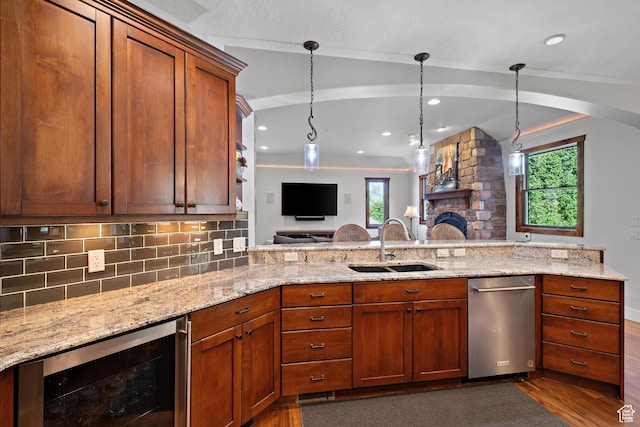 267 E Lucky Star Way, Farmington, UT 84025 - kitchen with beverage cooler, a sink, dishwasher, dark wood-style floors, and recessed lighting
