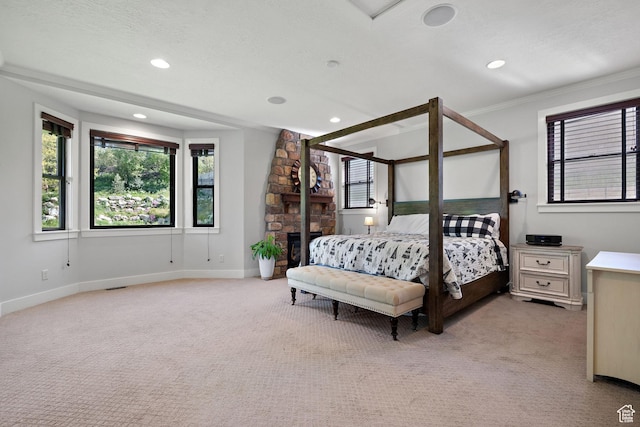 267 E Lucky Star Way, Farmington, UT 84025 - bedroom featuring light carpet, recessed lighting, baseboards, crown molding, and a stone fireplace