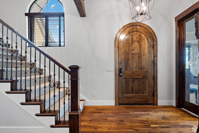 267 E Lucky Star Way, Farmington, UT 84025 - foyer with wood finished floors, baseboards, stairway, and a chandelier