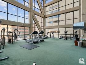 560 E S Temple N Pl 102, Salt Lake City, UT 84102 - exercise room featuring a high ceiling, carpet flooring, and a wall of windows