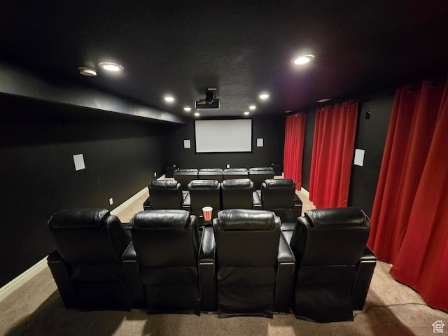 home theater with carpet flooring and recessed lighting