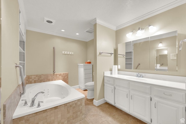 3240 Shadowbrook Dr, Provo, UT 84604 - bathroom featuring visible vents, toilet, a whirlpool tub, crown molding, and vanity